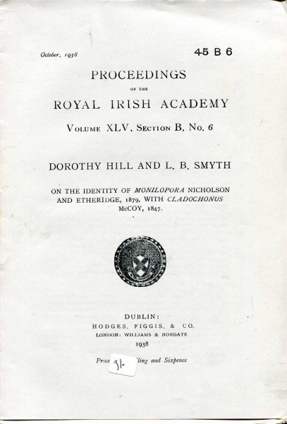 Image for Proceedings of the Royal Irish Academy volume XLV, Section B, No 6 - On the identity of Monilopora Nicholson and Ethelridge, 1879, with Cladochonus McCoy, 1847