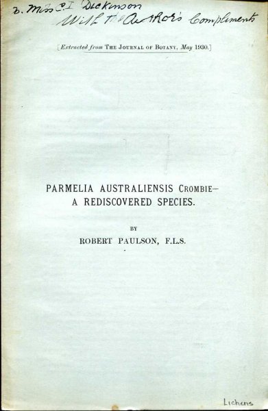 Image for Parmelia Australiensis Crombie - a rediscovered species [extracted from The Journal of Botany, May, 1930