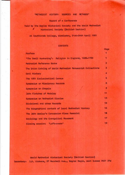 Image for Methodist History : Sources and Methods, Report of a Conference, April 1981