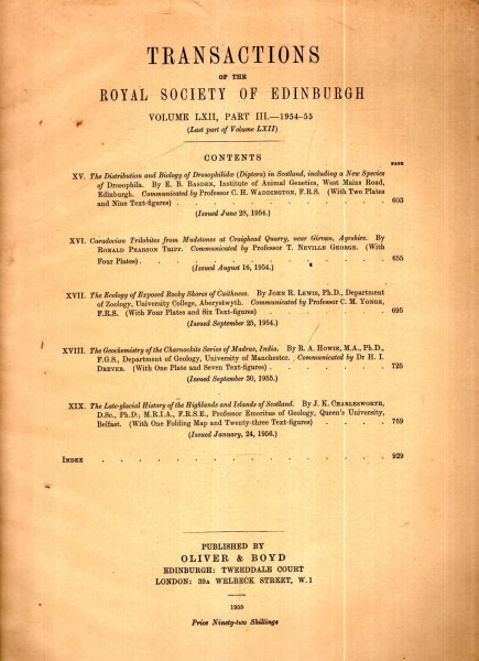 Image for Transactions of the Royal Society of Ediburgh, volume LXII, Part III 1954-55