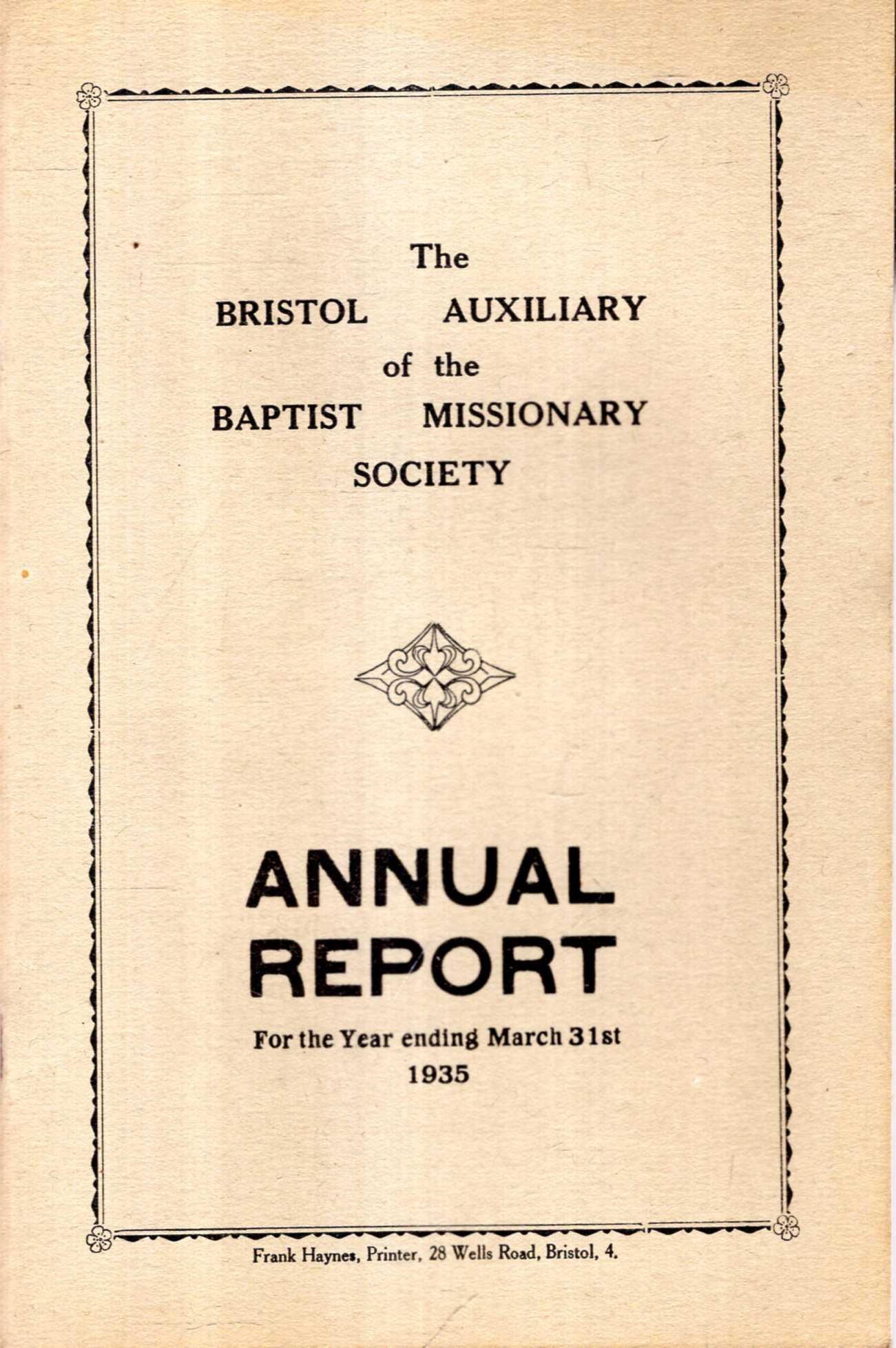 Image for The Bristol Auxiliary of the Baptist Missionary Society, Annual Report for the year ending March 31st, 1935